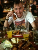 Mike eating stegt flaesk med persille sovs, or as he calls it the giant magnificent bacon